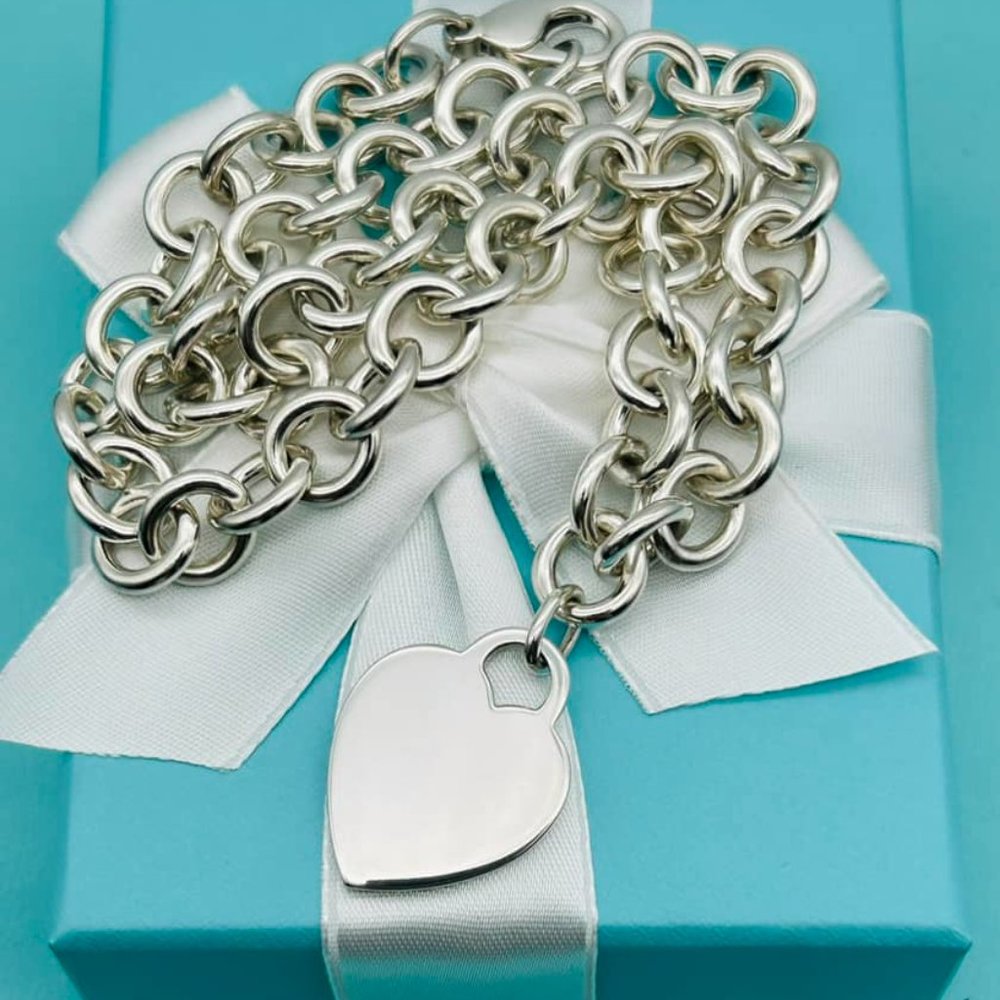 Tiffany & Co. Blank Heart Tag Heavy Chain Necklace Choker Silver 925 16" - Picture 2 of 5